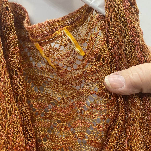 Earthy Orange Crochet Boho Lg Cardigan Asymmetric Open Lapel Slender Long Sleeve - Picture 2 of 8